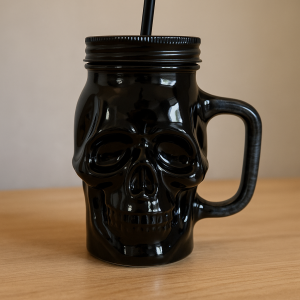 Черна чаша череп за Хелоуин - Със сламка - Стъклена - 400 мл.