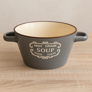 Керамична купа за супа с релефни букви - Сива - 650 мл.