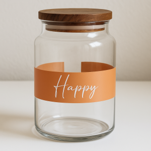 Стъклен буркан - Надпис Happy - Оранджав - 890 мл., 10 х 15 см.