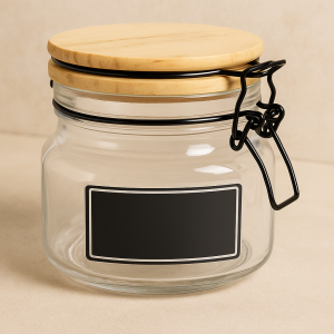 Стъклен буркан - Дървен предпазен капак - 500 мл - 10.5 х 10.5 х 9 см.