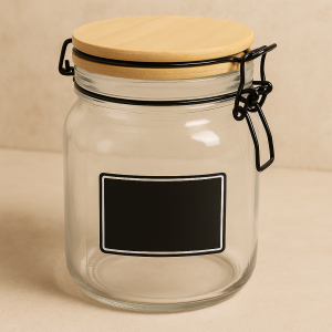 Стъклен буркан - Дървен предпазен капак - 1 литър  - 11 х 11 х 15 см.