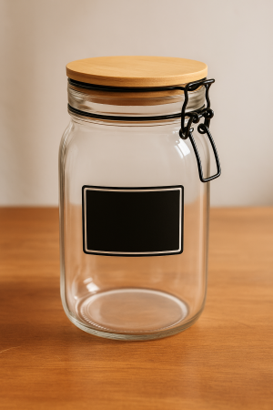 Стъклен буркан - Дървен предпазен капак - 1,5 литра - 11 х 11 х 19 см.