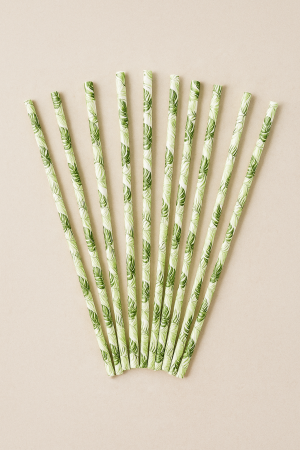 Хартиени сламки - прави - бели - зелени тропически листа - 6 x 194 мм - 20 бр.