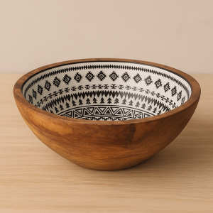 Дървена купа за сервиране с емайлирани черно-бели мотиви - 13 x 8 см.