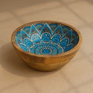 Дървена купа за сервиране с емайлирани синьо-бели мотиви - 20 x 8 см.