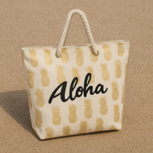 Плажна чанта Златни Ананаси - Надпис "Aloha" - 55 x 15 x 42 см.