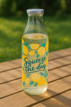 Стъклена бутилка за вода с мотив на лимон  - метална капачка - 1 литър