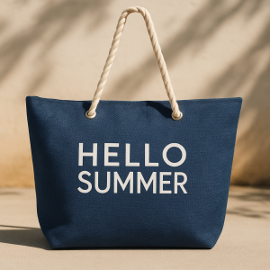 Плажна чанта синя с бял принт - "Здравей Лято" - 55 x 14 x 39 см.