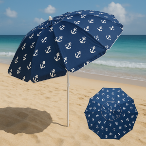 Плажен чадър - Ветроустойчив - Син - Бели котви - UPF 50 + Метална рамка - 4 пръстена - 2,25 метра