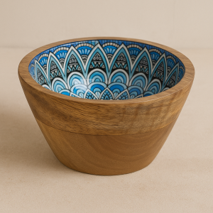 Дървена купа за сервиране с емайлирани синьо-бели мотиви - 13 x 7 см.