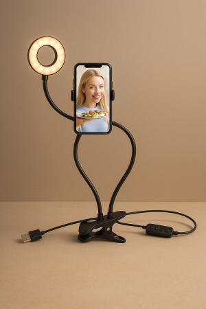 Стойка за телефон със светещ ринг за снимки и видео
