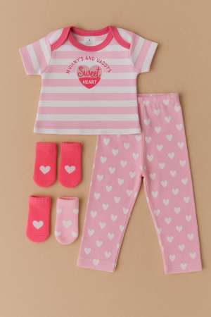 Бебешки комплект - розов - сърца - 4 части