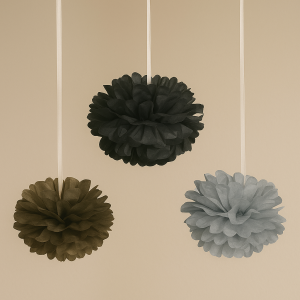 Парти декоративни помпони - злато, сребро, черно - 3 бр.