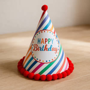 Парти шапка - Happy Birthday - цветно райе