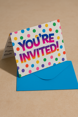 Покана за парти - цветни точки - с плик - 6 бр.