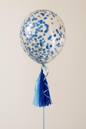 Парти балон - със сини конфети и пискюли - 46 см.