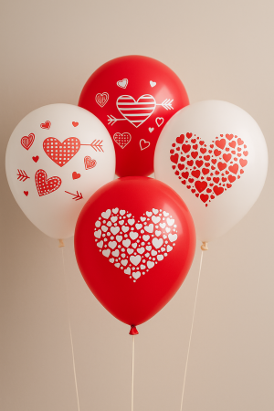 Парти балони - бели и червени - със сърца - 30 см. - 20 бр.