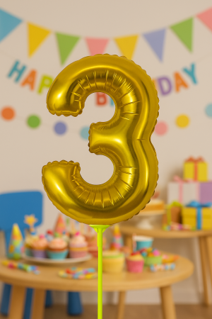 Парти балон - златист - цифра 3 - 30 х 12 см.
