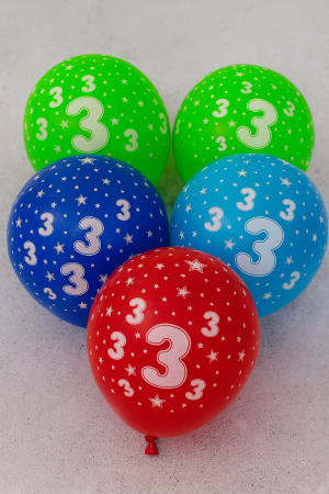 Парти балони - цветни - цифра 3 - 30 см. - 5 бр.
