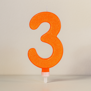 Свещ за торта - цифра 3 - оранжева - брокат
