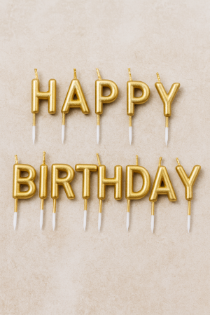 Свещи за торта - златисти - HAPPY BIRTHDAY - 13 бр.