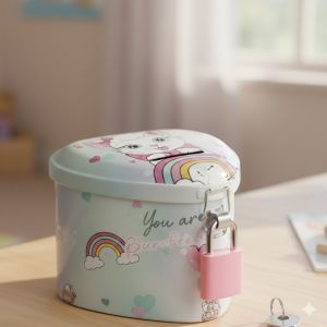 Метална касичка с коте и дъга - С катинар - 8 x 8 x 6 см.