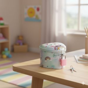 Метална касичка с коте и дъга - С катинар - 8 x 8 x 6 см.