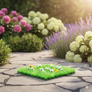 Плочка изкуствена трева - с цветя - 25 х 25 см.