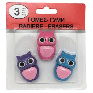 Детски гуми за моливи 3D - сова - 3 бр.